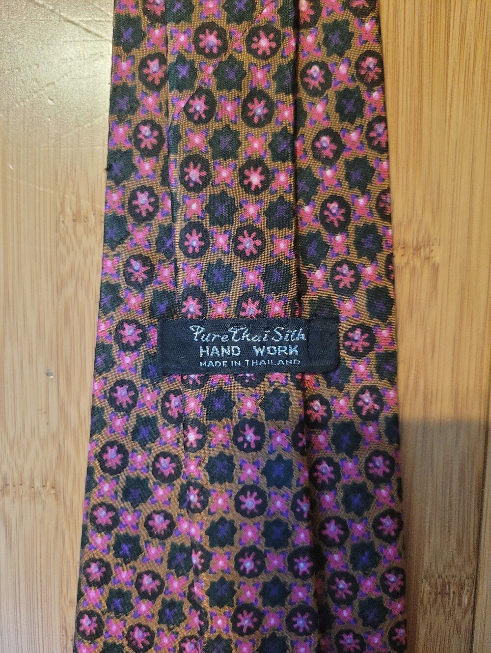 Vintage Pure Thai Silk Hand Work Tie – Pink Purple Geometric Floral Necktie